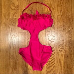 ASOS Swim Bright Pink 3D Floral Flowers Halter Side Cutout Swimsuit 34 2 XS